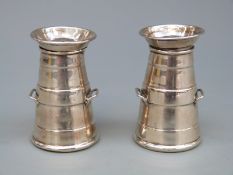 Victorian pair of novelty hallmarked silver peppers formed as milk churns, Chester 1900,