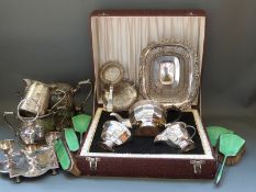 A cased silver plated tea set, further plated ware including pierced basket, tea ware,