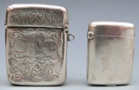 Two Victorian hallmarked silver vestas, one with engraved decoration, Birmingham 1896 and 1898,