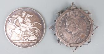 Victorian 1889 crown and 1887 half crown in brooch mount