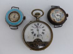 A silver ladies wristwatch with blue guioche enamel bezel together with another similar watch with