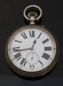 Goliath silver plated keyless winding open faced pocket watch with inset subsidiary seconds dial,