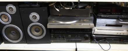A quantity of sound system separates and speakers comprising Hitachi tuner FT-3500L,