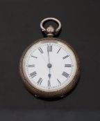 Hallmarked silver open faced pocket watch with blued hands, Roman numerals,