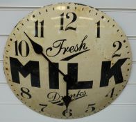 A caseless quartz dial wall clock with 'Fresh Milk Drinks at the Bar' advertising slogan to the