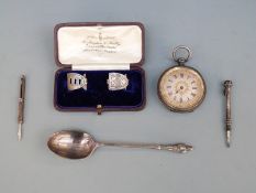 Hallmarked silver apostle teaspoon, early 20thC hallmarked silver retractable toothpick,