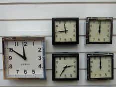 Four Newgate square quartz wall clocks, together with a Jones example with Arabic numerals,