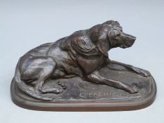 A bronze model of a setter type dog impressed E Fremiet, length 24cm,