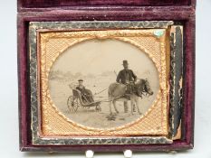 A Victorian daguerreotype of a man with a donkey towing a boy in a bathing carriage on a beach,