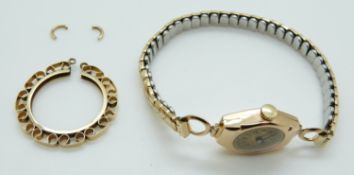 A 9ct gold ladies wristwatch and a 9ct gold mount, 2.