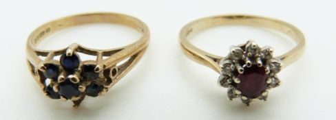 A 9ct gold ring set with a ruby surrounded by diamonds and a 9ct gold ring set with sapphires,