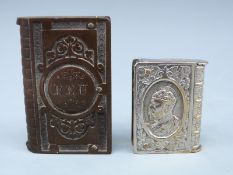 Two novelty vestas formed as books,