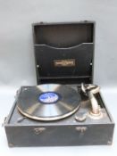 Decca c1930s Golden Melody wind up gramophone together with a 'God and Baby' German needle tin