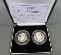 1997 silver proof fifty pence two coin set comprising the large and smaller issues