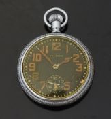 Waltham open faced keyless winding military pocket watch with inset subsidiary seconds dial,