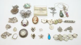 A hallmarked silver thistle brooch (Edinburgh), silver and mother of pearl brooch,