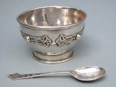 Sybil Dunlop Arts and Crafts hallmarked silver sugar bowl and spoon with hammered finish,