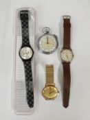 Four pocket and wristwatches comprising Swatch, Accurist Shockmaster,