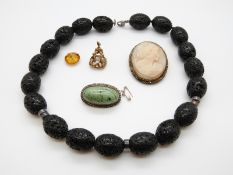 A 9ct gold fob set with a citrine, turquoise brooch,