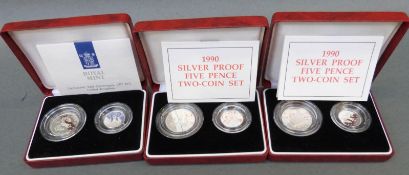 Three cased 1990 five pence Royal Mint silver proof two coin sets,