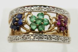 A 9ct gold ring set with sapphires, rubies,