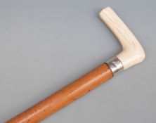 A white metal and ivory handled malacca walking cane, no visible marks,