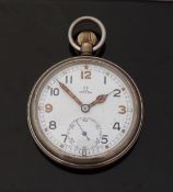 Omega open faced keyless winding military pocket watch with inset subsidiary seconds dial,