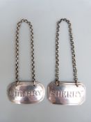 Two Georgian / William IV hallmarked silver Sherry bottle tickets,