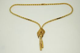 A 14ct gold necklace made up of rectangular links with decorative matt sections, in original box,
