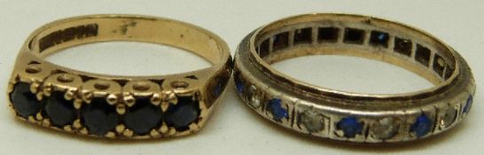 A 9ct gold ring set with five sapphires and another 9ct gold eternity ring, size P, 3.0g, size O, 3.