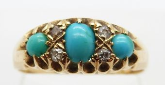 An 18ct gold ring set with three oval turquoise cabochons and four diamonds, Birmingham 1914,