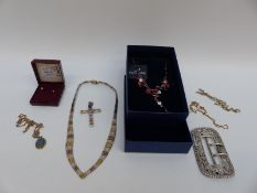 A silver cross pendant, silver necklace, silver buckle, Swarovski necklace,