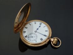 9ct gold half hunter keyless winding pocket watch with inset subsidiary seconds dial, blued hands,