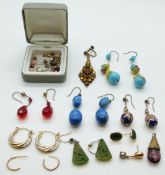 A pair of 9ct gold and coral earrings, a pair of 9ct gold earrings set with opals,