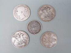 Five Victorian silver coins comprising young head, veiled head and Jubilee head crowns,