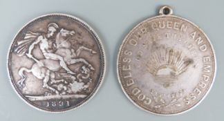 1891 Jubilee crown together with a Queen Victoria commemorative medal coin