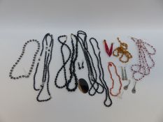 Three French jet beaded necklaces, pearl and crystal necklace, pearl necklace, coral necklace,