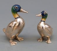 Two modern hallmarked silver models of ducks with enamel to the heads, height of tallest 4.