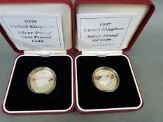 Two UK silver proof cased £2 coins, for 1997, and 1998,