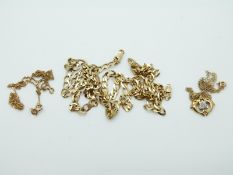 A 9ct gold necklace made up of flat curb links and two other 9ct gold necklaces/ chains,
