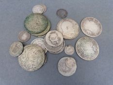 A small wooden chest containing 123g of various silver coinage to include Elizabeth I penny,