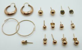 A collection of yellow metal/ 9ct gold earrings, 6.