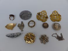 An enamel buckle, silver brooch set with butterfly wing, silver chain,