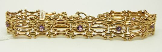 A 9ct gold gate bracelet set with amethysts with heart padlock clasp, in original box, 12.
