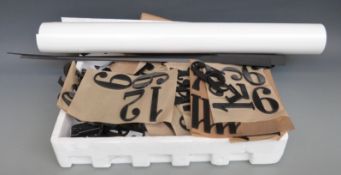 A collection of 75mm plastic clock numbers, 310mm hands,