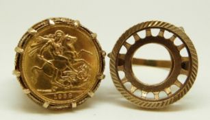 A 1968 gold full sovereign in 9ct gold ring, size Q, 15.