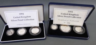 A 1993 and 1994 UK three coin silver proof coin collection
