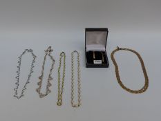 A pair of 9ct gold earrings, 1g, silver gilt plaited necklace, floral silver necklace,