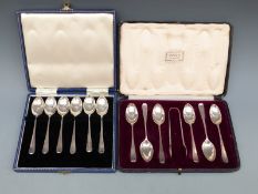 Harrods cased set of George V hallmarked silver teaspoons and tongs, London 1912,