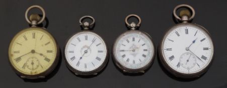 Four silver open faced pocket watches comprising J W Benson keyless winding watch with inset